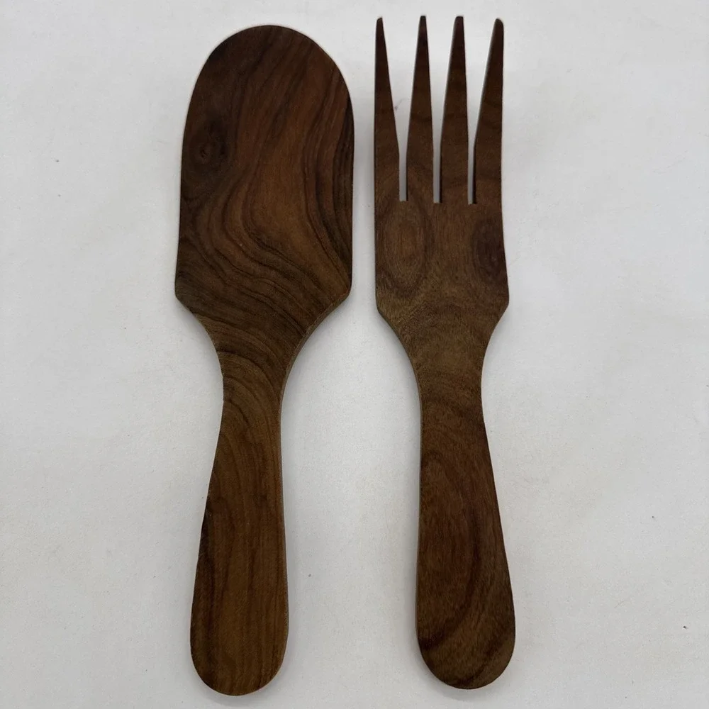 Set of 2 Vintage Wooden Serving/Salad Fork Paddle Spoon